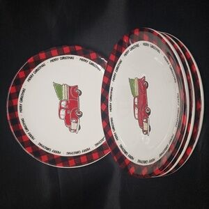 Dennis East International NWT Set/4 Plaid Trimmed Red Truck Ceramic Plates